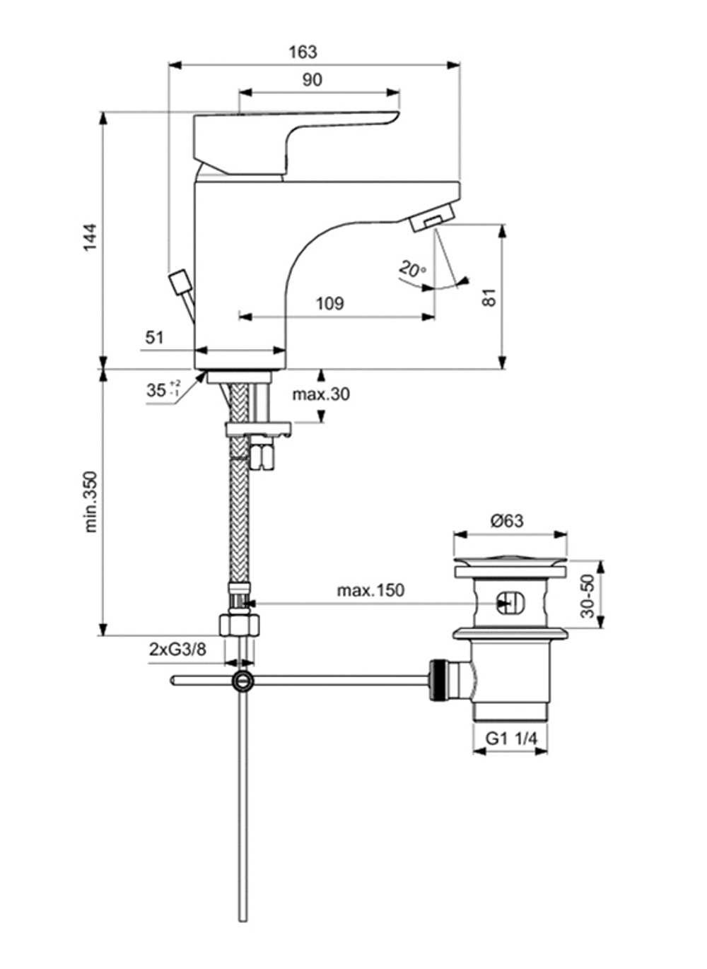 CERAPLAN III Смеситель для умывальника с металлическим донным клапаном Grande B0704AA