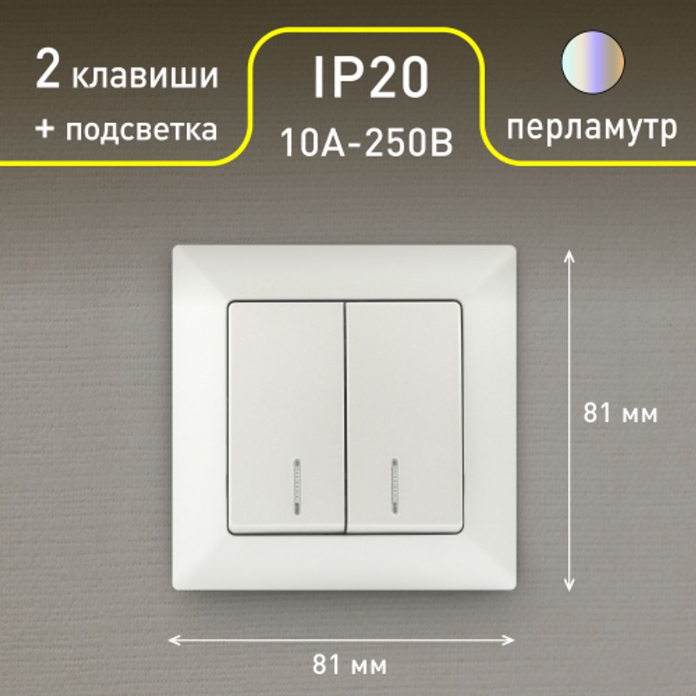 Выключатель Intro Solo 4-105-06 двухклавишный с подсветкой, 10А-250В, IP20, СУ, перламутр