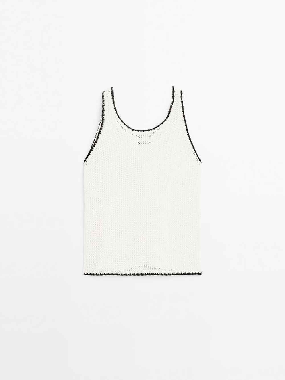 Massimo Dutti Топ из кружева кроше на бретелях из 100% хлопка, натуральный, кремовый