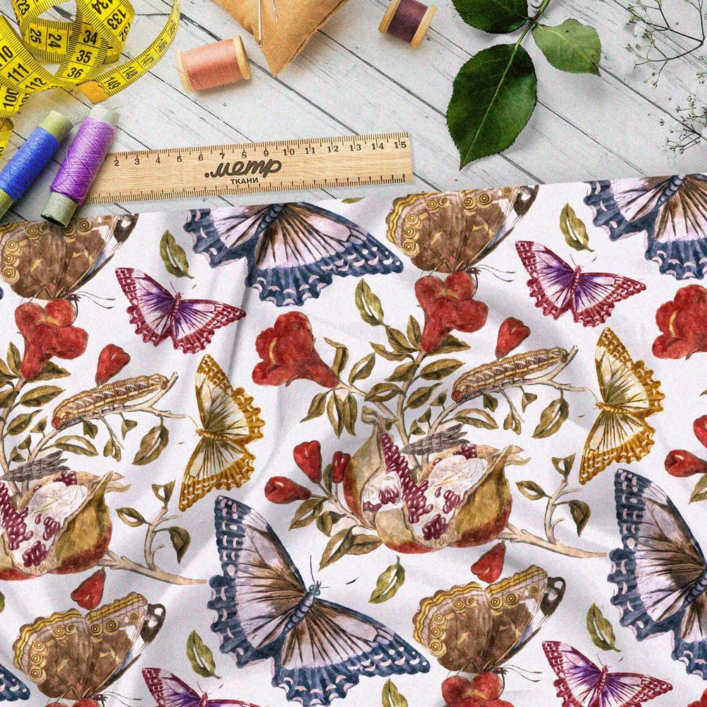Ткань дюспо красные цветы, гранаты и бабочки
