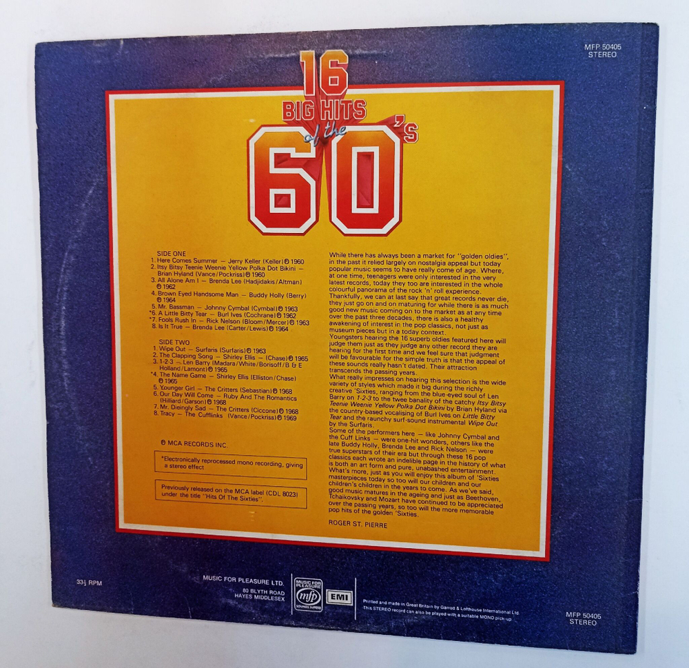 Винтажная виниловая пластинка LP Сборник 16 Big Hits Of The 60s (Brenda Lee, Buddy Holly, Rick Nelson) (UK 1977)