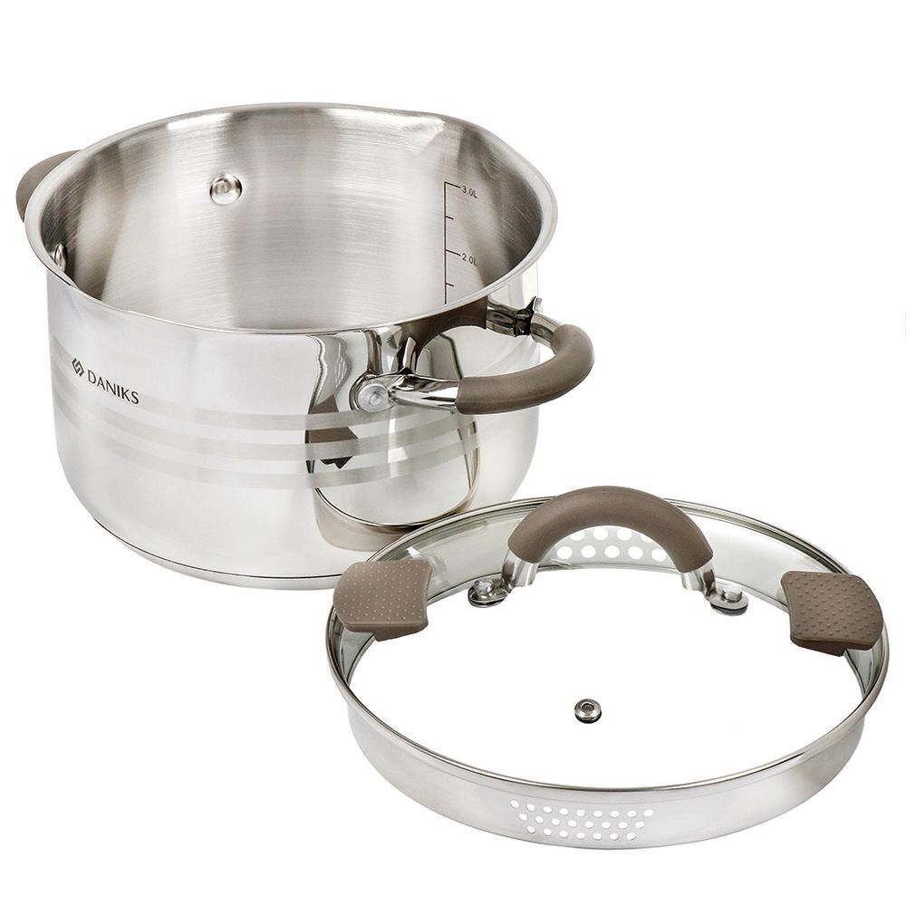 Кастрюля нерж, 3.9 л, с крыш, крышка стекло, Daniks, Нара, GS-01413HY-20CA-2, серебр, индукц