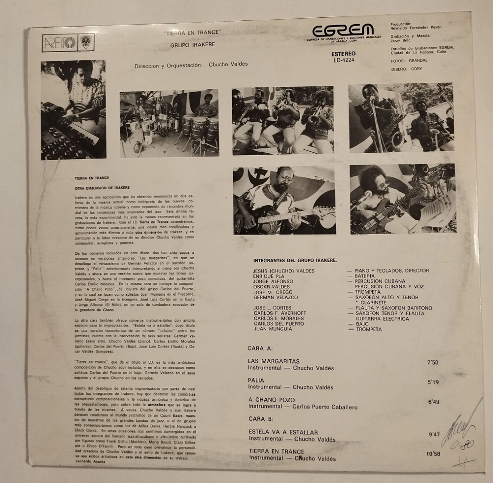 Винтажная виниловая пластинка LP Irakere Tierra En Trance (Cuba 1985)