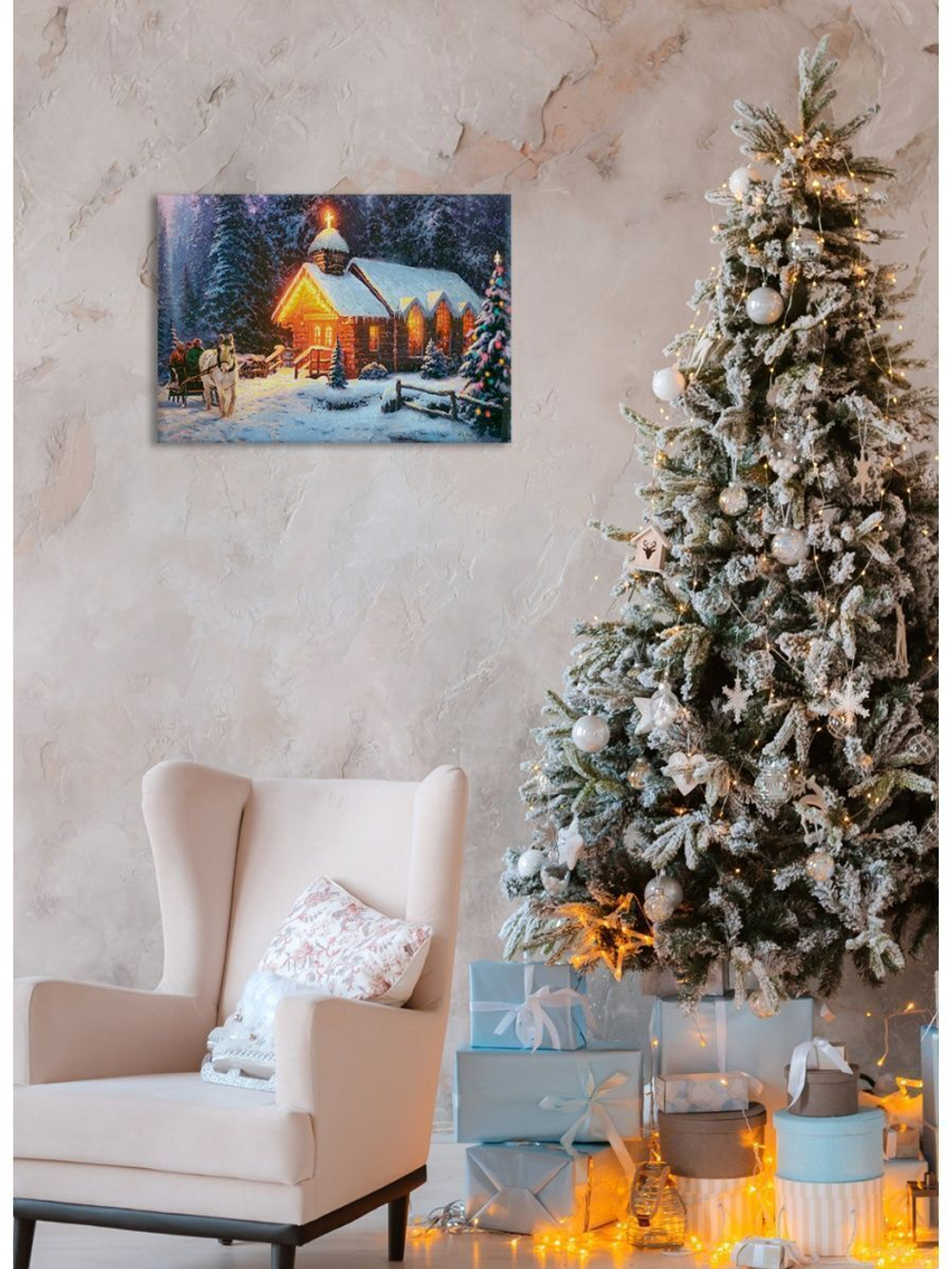 Картина на стекле, Подарок на Новый год, Картина на стену Рождественский сочельник, 40х28см Декор для дома, подарок