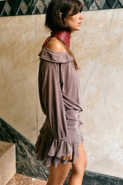 ZARA ФУТБОЛКА С ВОЛАНАМИ ИЗ МЯГКОЙ ТКАНИ, КОРИЧНЕВЫЙ МЕЛАНЖ