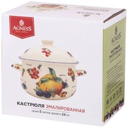 КАСТРЮЛЯ AGNESS ЭМАЛИРОВАННАЯ С ЭМАЛ.КРЫШКОЙ СЕРИЯ "ПРОВАНС ЛИМОНЫ" 5.0 Л, 24*14 СМ