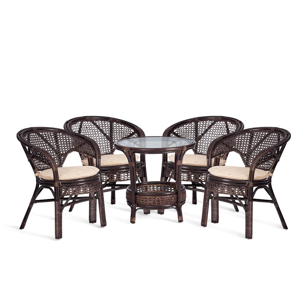 Комплект "PELANGI" (стол со стеклом + 4 кресла) с подушками, ротанг, кресло 65х65х77см, стол диаметр 64х61см, walnut (грецкий орех)