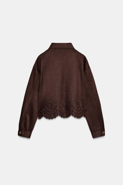 ZARA КУРТКА ИЗ ИСКУССТВЕННОЙ ЗАМШИ С ПЕРФОРИРОВАННЫМ НИЗОМ, КОРИЧНЕВЫЙ