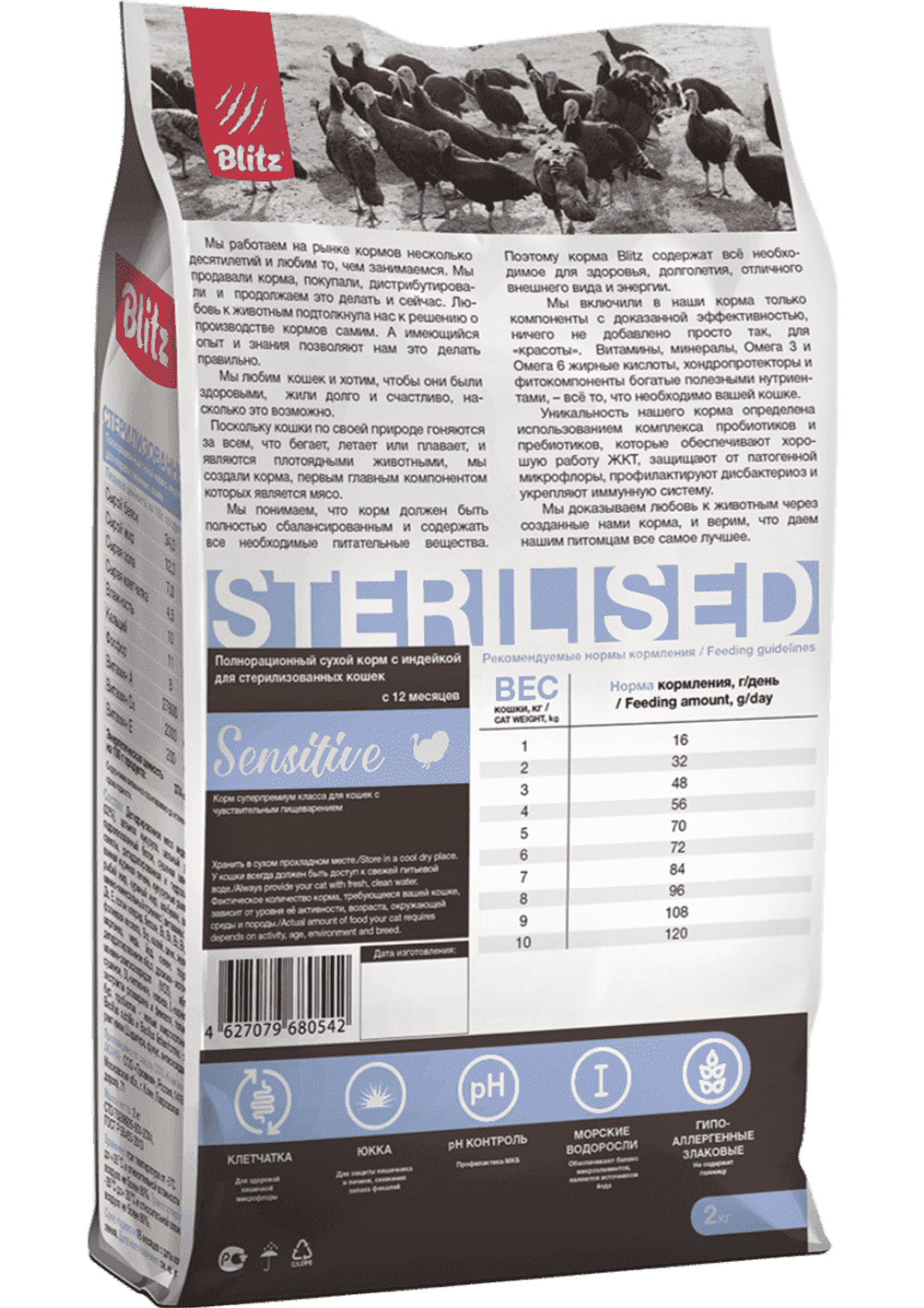 Сухой корм для стерилизованных кошек с индейкой Blitz Sensitive Turkey Adult Sterilised Cat All Breeds 2кг