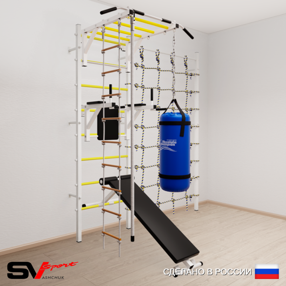 Шведская стенка Sv Sport усиленная 65520 (Турник рукоход/Брусья/Скамья/Канат/Лестница/Цепь/Мешок 22кг/Канатный лаз)