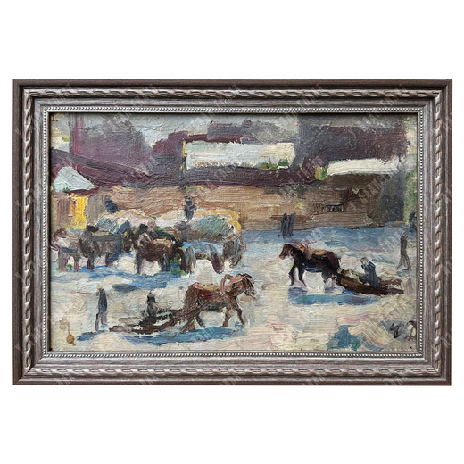 Динес Ю. С. Зимний посад с повозками. Этюд. Картон, масло. 1946 г.