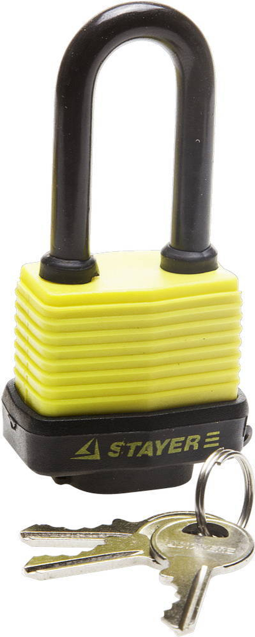 Замок STAYER ″MASTER″ навесной, всепогодный, пластиковая защита корпуса, с удлин. закален. дужкой,на карточке, 50мм