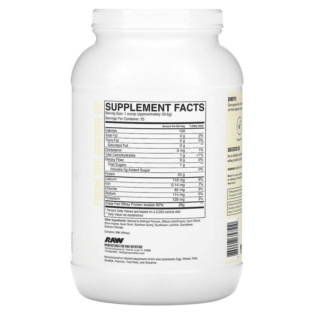 Raw Nutrition, изолят сывороточного протеина от коров травяного откорма, со вкусом ванили, 740 г (1,63 фунта)