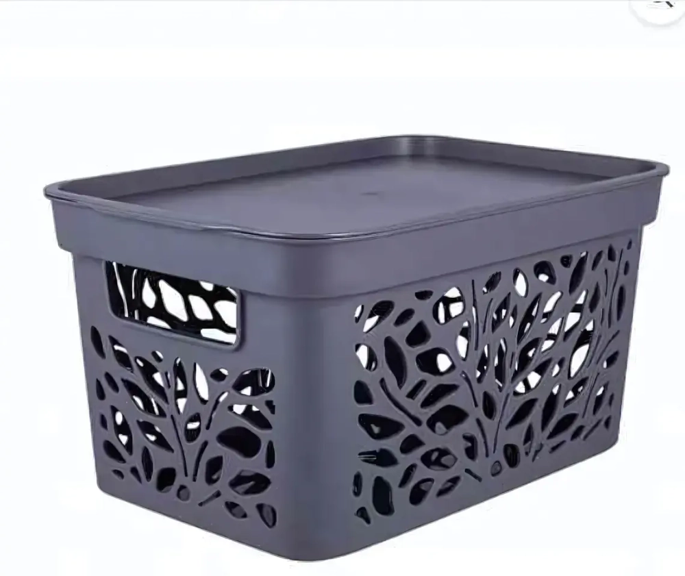 Корзина универсальная для хранения с крышкой «LEAVES», цвет серый, 27.4*19.7*14см. 5.5л