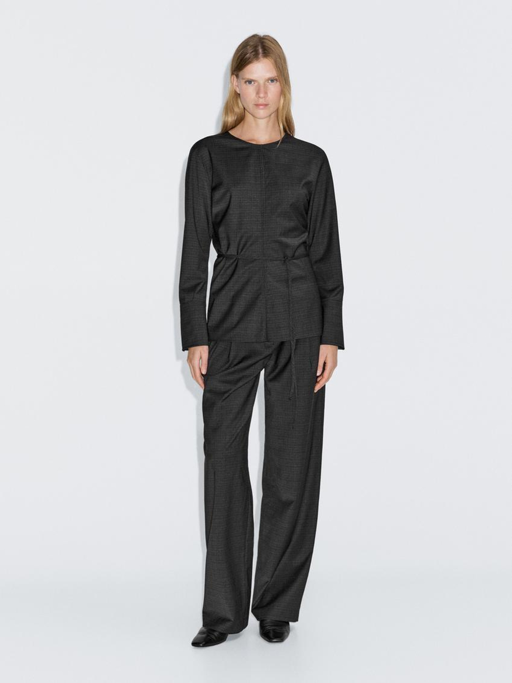 Massimo Dutti Блуза из смесовой шерсти с поясом, черный