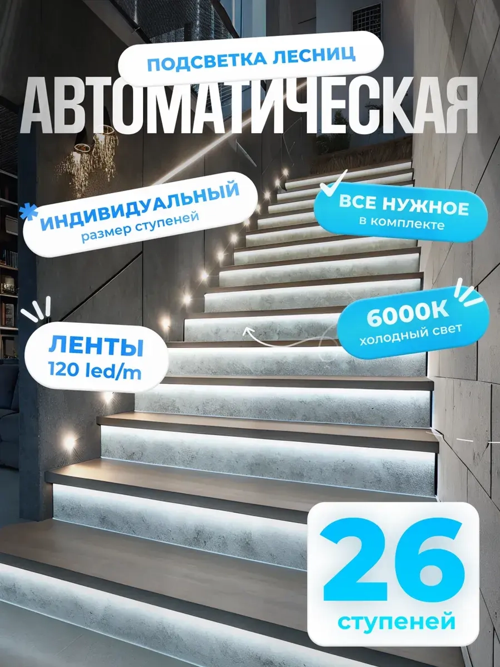 Автоматическая подсветка лестницы 26 ступеней холодный свет