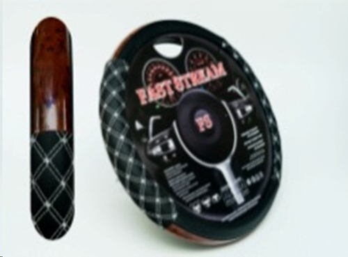 Оплетка руля M 37-38 см кожа с торц. уз.  Сетка  с двойн. стр. белой нитью с деревянной вставкой (FAST STREAM)