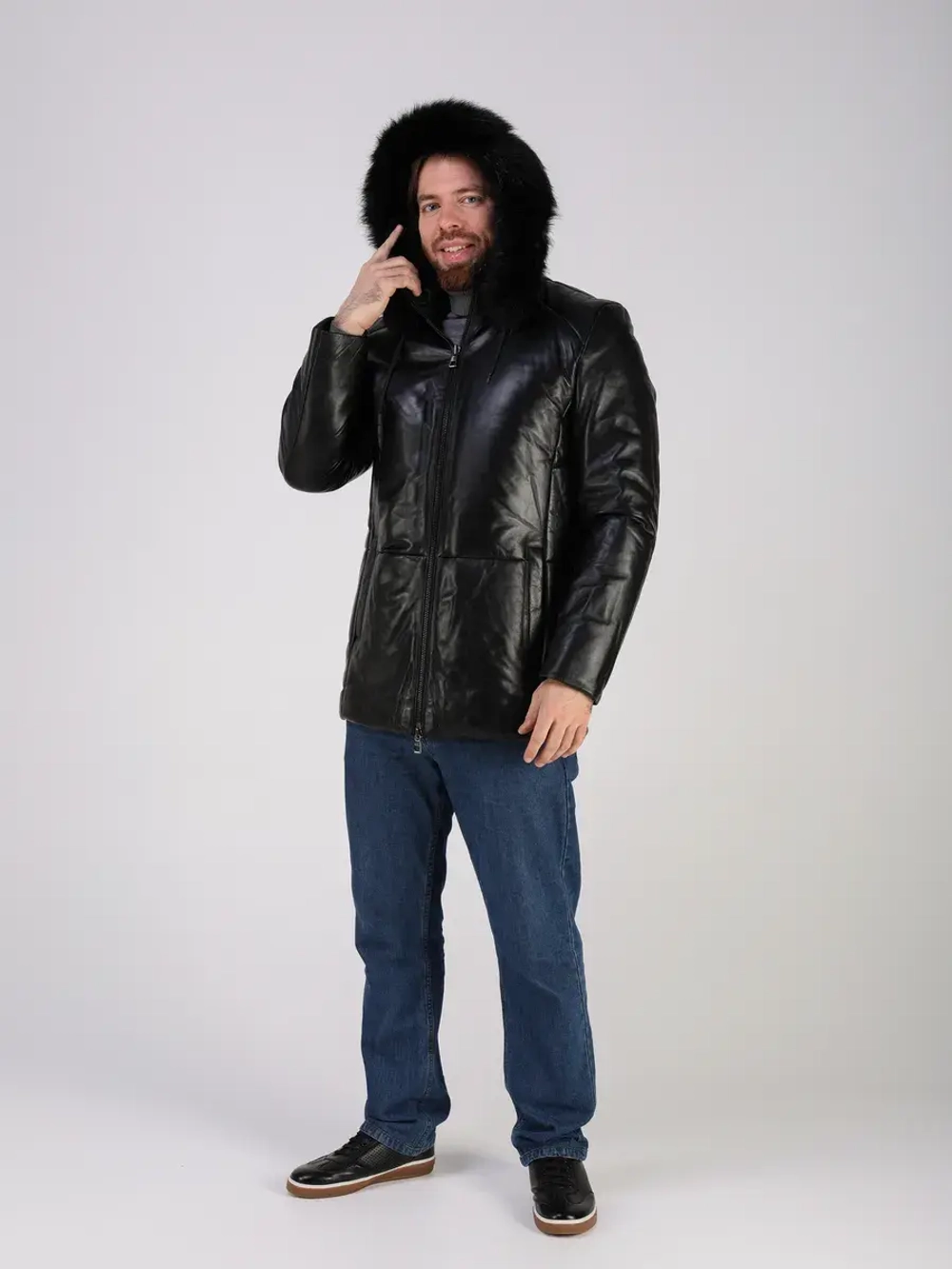 Куртка зимняя кожаная с капюшоном пуховик