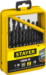 STAYER HSS-R, 19 шт, (1-10 мм), быстрорежущая сталь P6M5, класс В, мет.бокс, набор сверл по металлу, Professional (29602-H19-M)