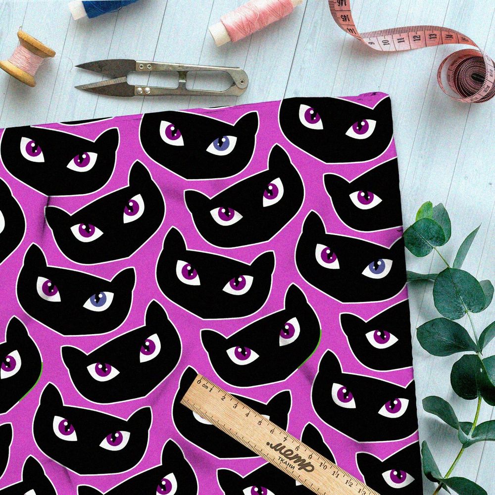 Ткань оксфорд 600 чёрные коты на розовой ткани