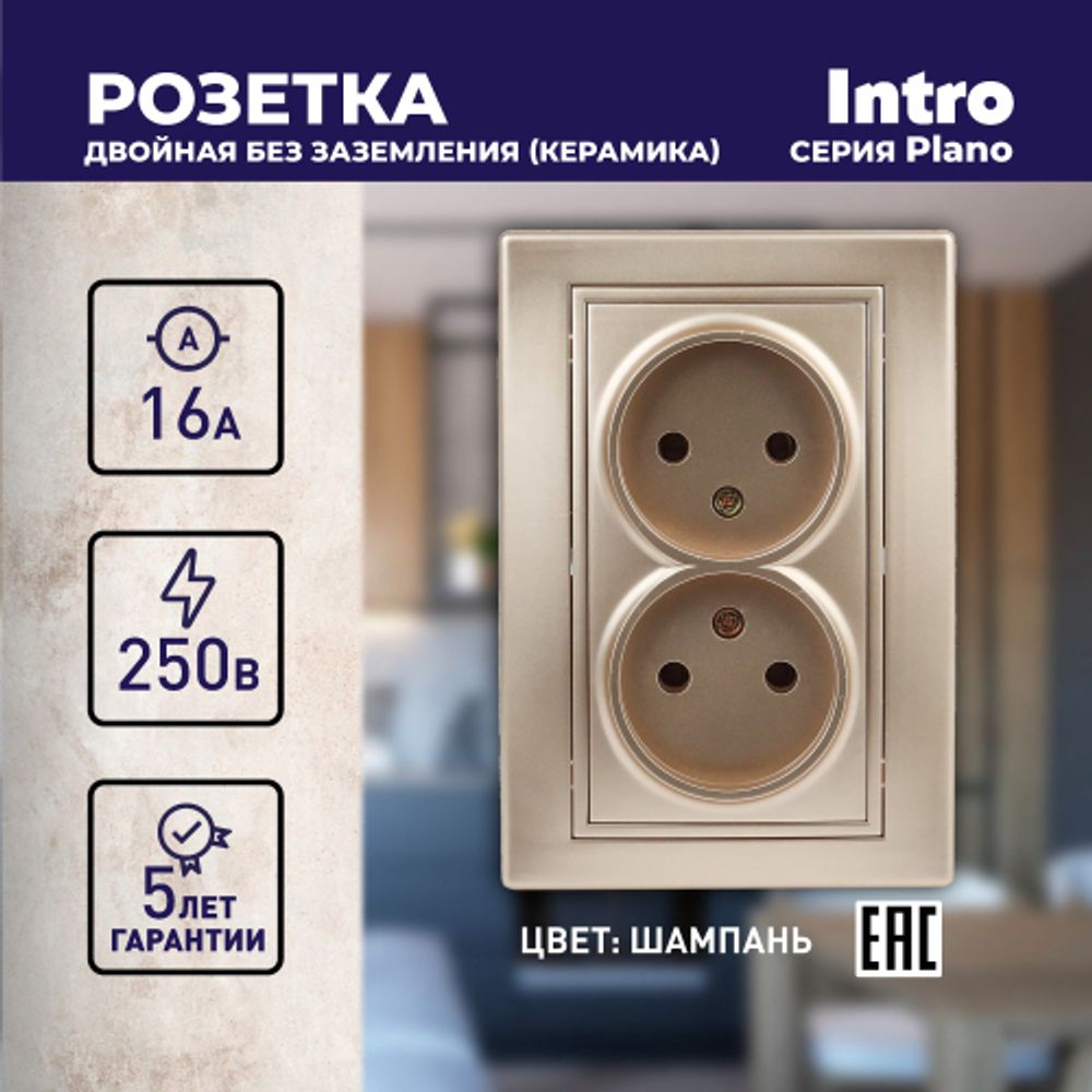 Розетка Intro Plano 1-204-04 без заземления двойная 2х2P, 16А-250В, IP20, СУ, Plano, шампань