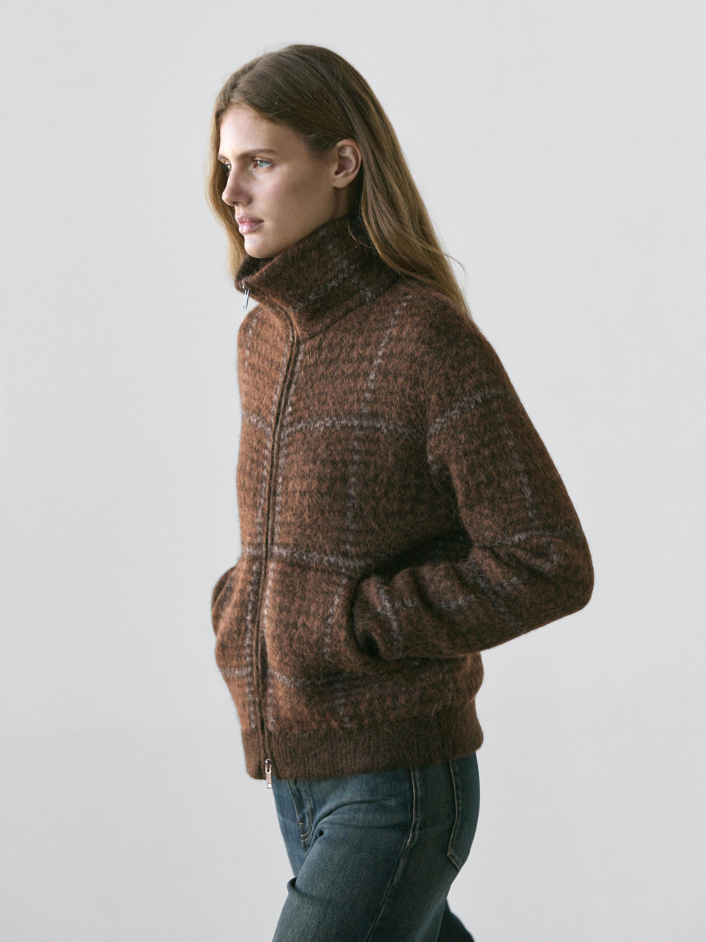 Massimo Dutti Вязаный жакет из шерсти альпаки в клетку, коричневый