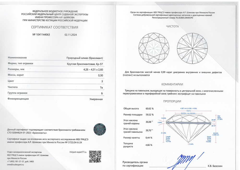 Бриллиант 1041144063 Кр-57-0,30-3/7а Б