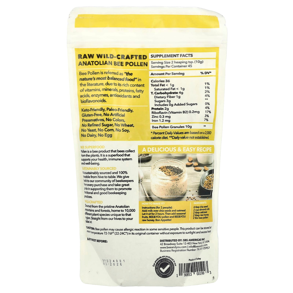 Bee & You, Необработанная анатолийская пчелиная пыльца, выращенная в дикой природе, 453,5 г (16 унций)