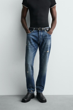 ZARA ДЖИНСЫ SLIM FIT С РАЗРЕЗАМИ, ВЫЦВЕТШИЙ СИНИЙ