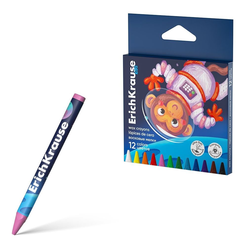 Мелки восковые Erich Krause 12 цветов, "Kids Space Animals", трехгранные, диаметр 8 мм, экстрамягкие, картонная упаковка, европодвес