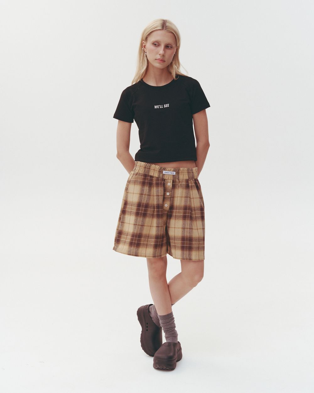 Купить Шорты One Two Plaid Boxer бежевые Шорты One Two Plaid Boxer бежевые