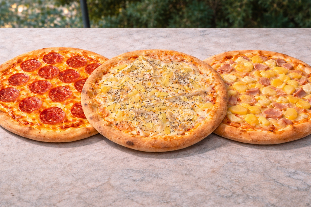 Три пиццы ( пепперони, четыри сыра, гавайская)