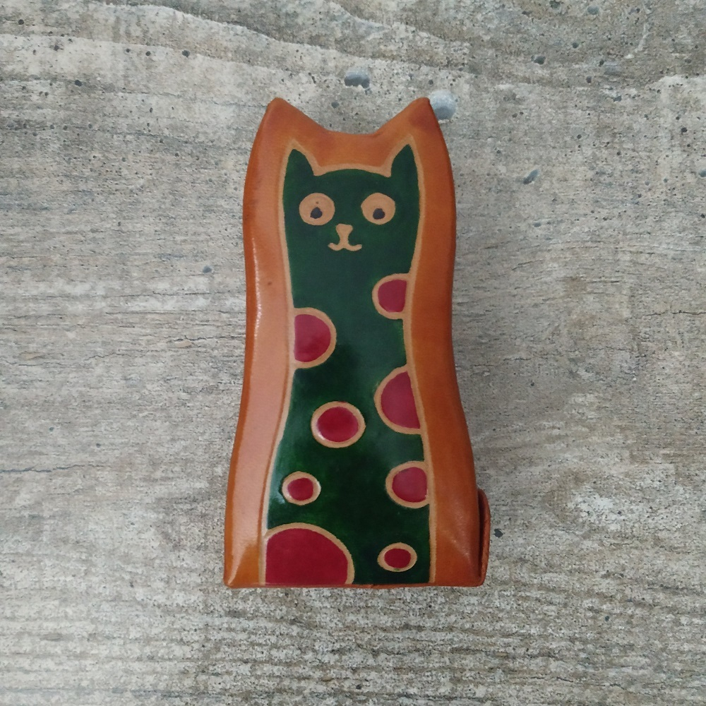 Копилка под мелочь "Кошка", цвет оранжевый, зеленая кошка, натуральная кожа ручной принт