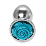 Серебристая анальная втулка с голубой розочкой 8см ToyFa Metal 717009-14