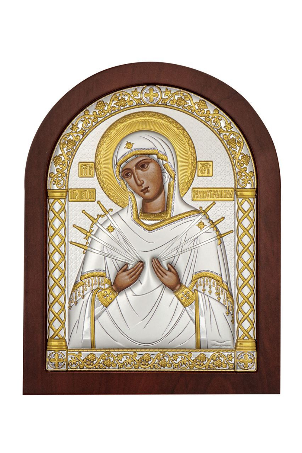 Семистрельная БМ, икона арочная, красное дерево 175х225