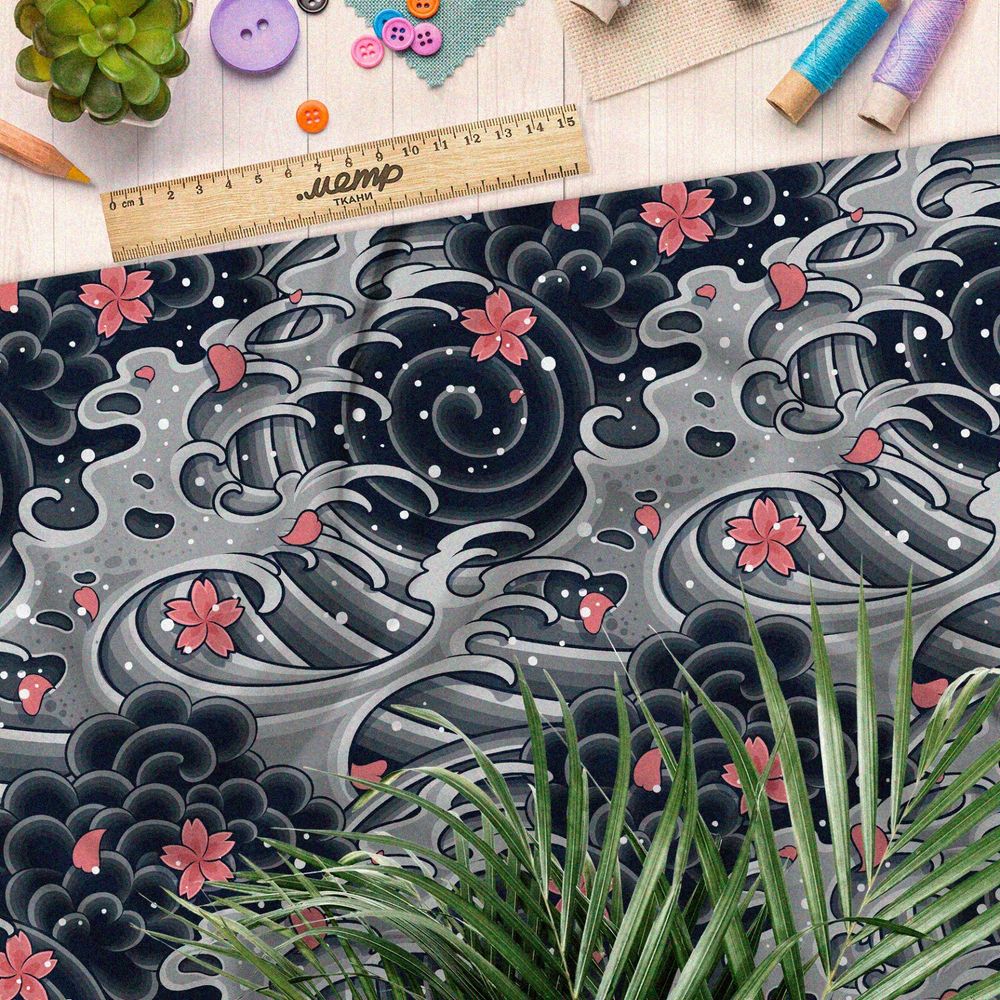 Ткань дюспо мрачное море и сакура