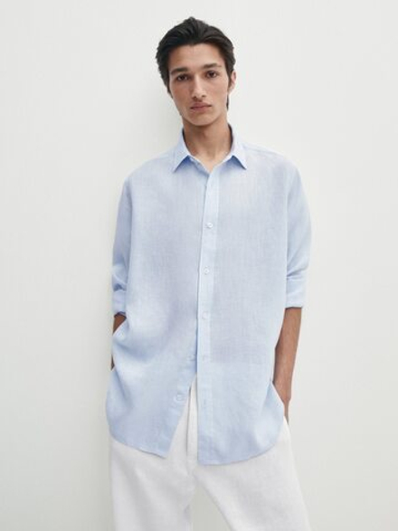 Massimo Dutti Рубашка классического кроя из 100% льна, синий