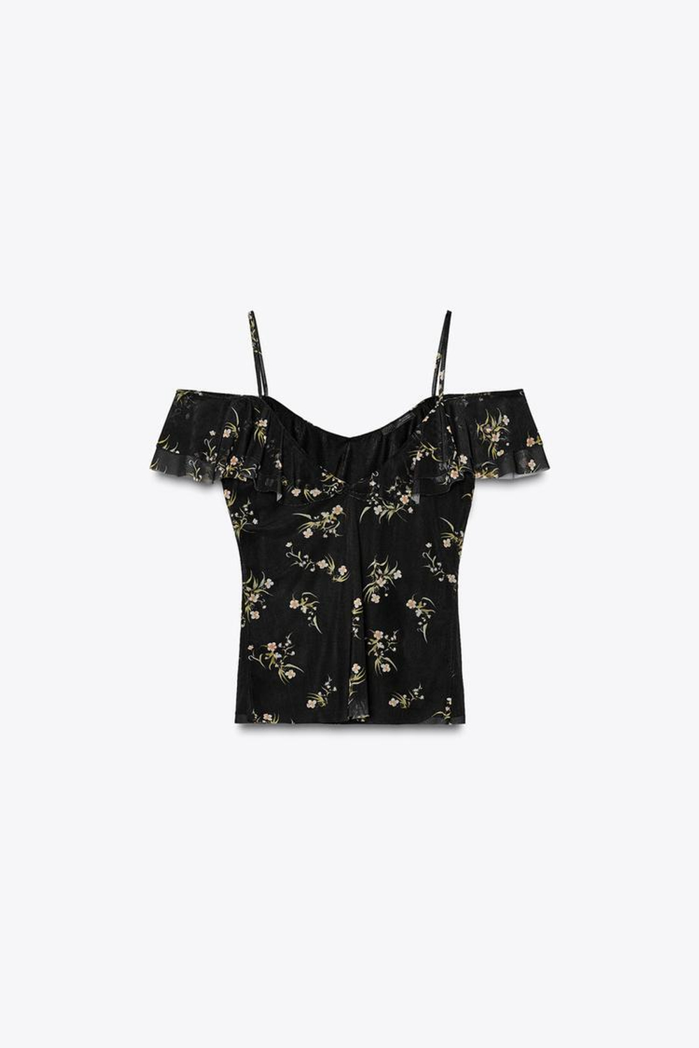 ZARA ТОП ИЗ ПОЛУПРОЗРАЧНОЙ ТКАНИ С ПРИНТОМ, ЧЕРНЫЙ