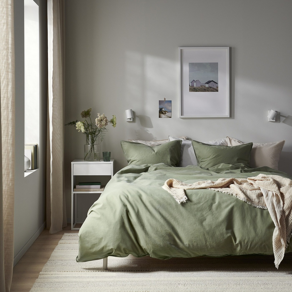IKEA ÄNGSLILJA  (ИКЕА ÄНГСЛИЛЙА)  -  Пододеяльник и 2 наволочки, серо-зеленый, 200x200/50x60 см