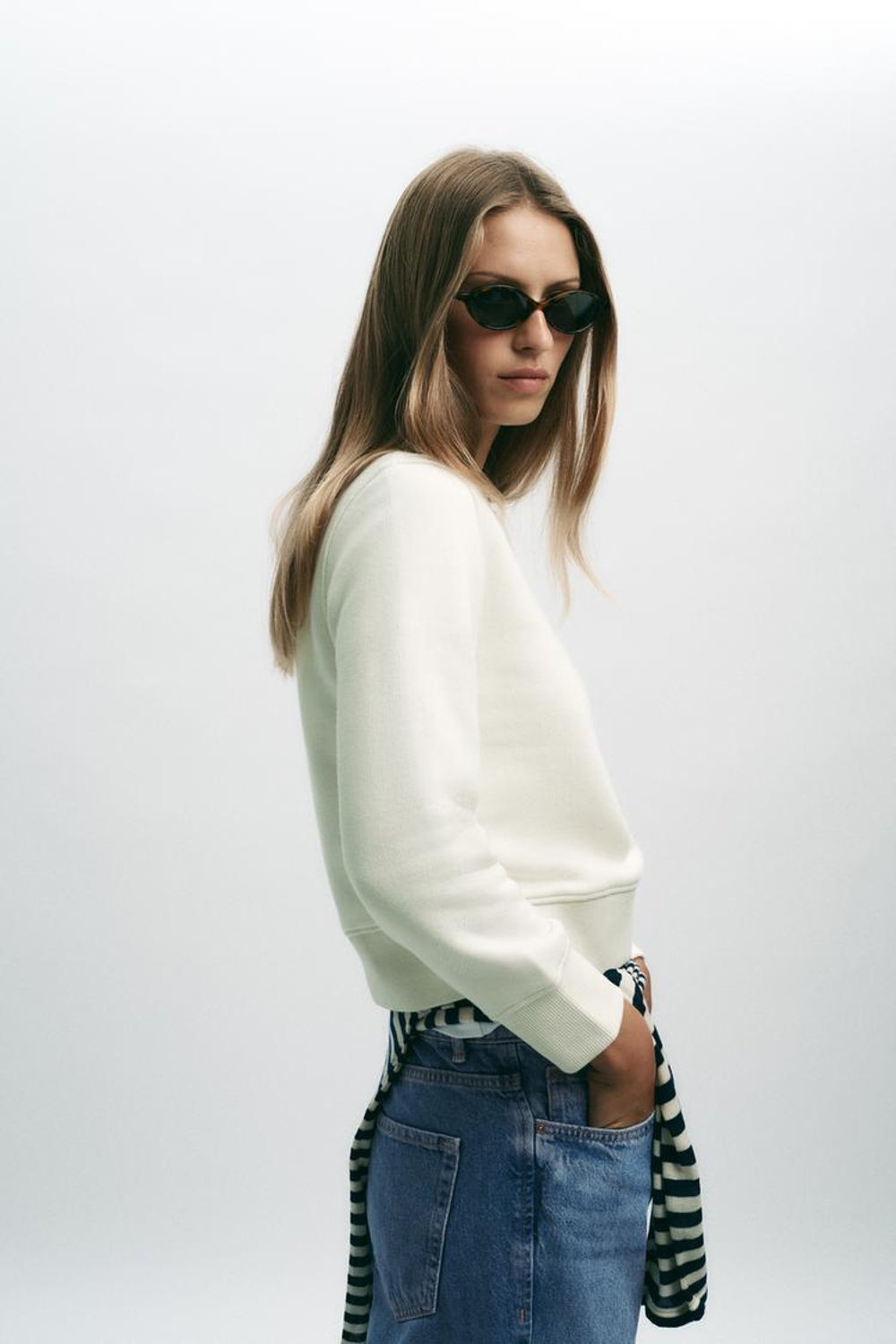 ZARA БАЗОВАЯ ХЛОПКОВАЯ ТОЛСТОВКА, ЭКРЮ