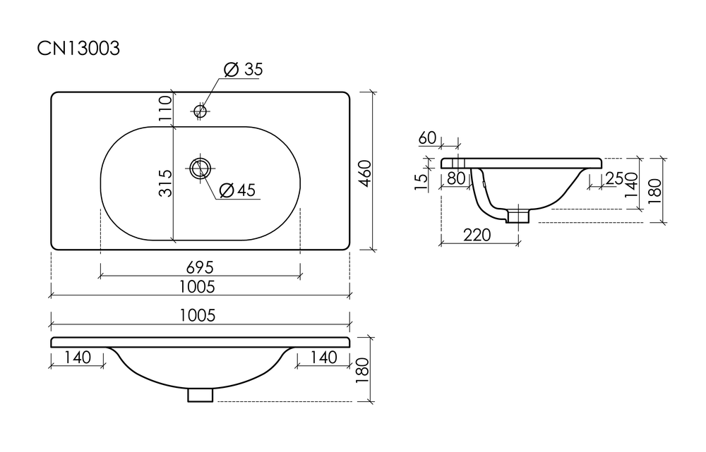 Раковина накладная CERAMICANOVA Sabo с отверстием под смеситель 1000x460x130 черный матовый