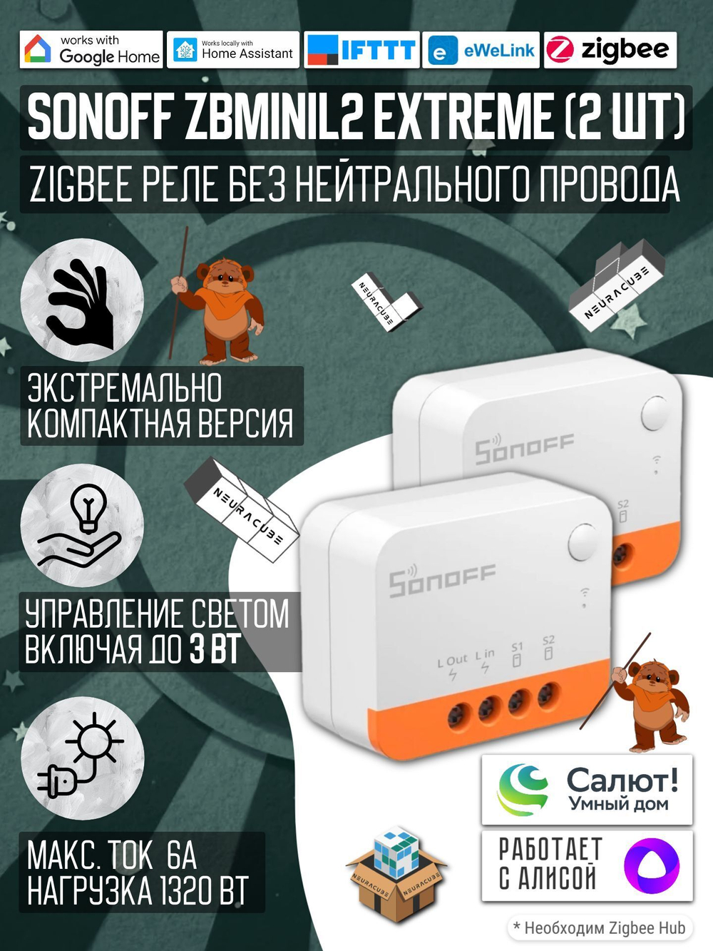 ZigBee Реле Sonoff ZBMINIL2 Extreme 2шт, 6A/1320Вт (Работает с Алисой)