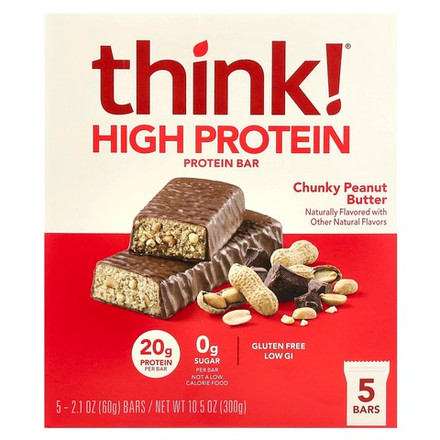 Think !, Высокопротеиновые батончики, кусочки арахисовой пасты, 5 батончиков, 60 г (2,1 унции) каждый