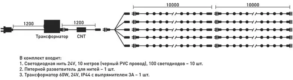 Комплект гирлянды на деревья 100 м., 5 лучей по 20 м, 24V, 1000 синих LED ламп, черный ПВХ, LTC (KDD1000-11-1B)