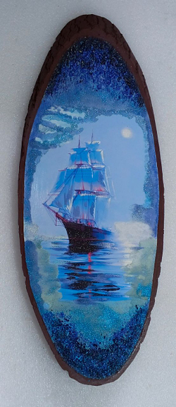 Панно на срезе дерева " Парусник " 70-30см