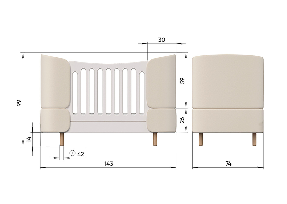 Кроватка-трансформер KIDI Soft (молочный, экокожа)