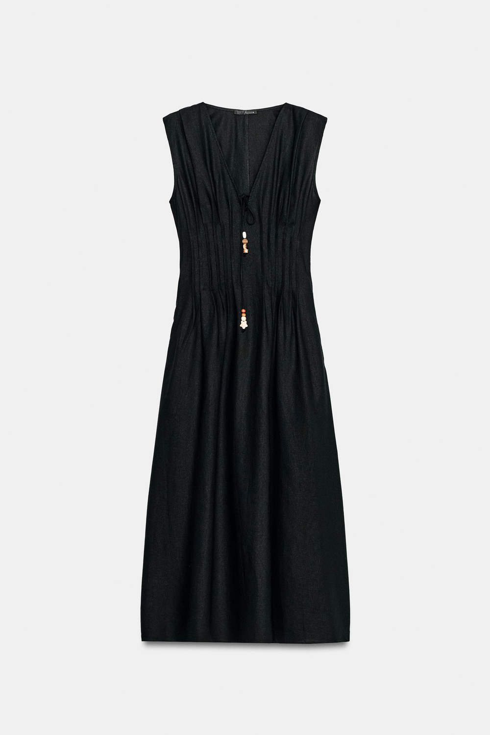 ZARA ЛЬНЯНОЕ ПЛАТЬЕ МИДИ С ДЕКОРАТИВНЫМИ ЗАЩИПАМИ, ЧЕРНЫЙ