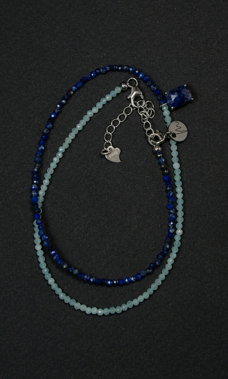 Чокер "Memo Duo" из лазурита, амазанита, с подвесом из лазурита 35 см