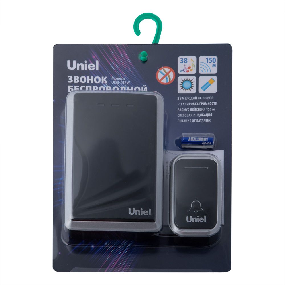 UDB-017W-R1T1-38S-150M-BL-SL Звонок беспроводной. Радиус действия 150м. Черный с серебристым. ТМ Uniel