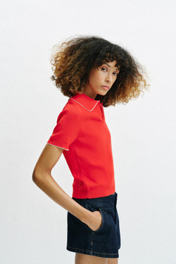 ZARA ПОЛО ИЗ ТРИКОТАЖА С КОНТРАСТНЫМ КРУЖЕВОМ, КОРАЛЛОВО-КРАСНЫЙ